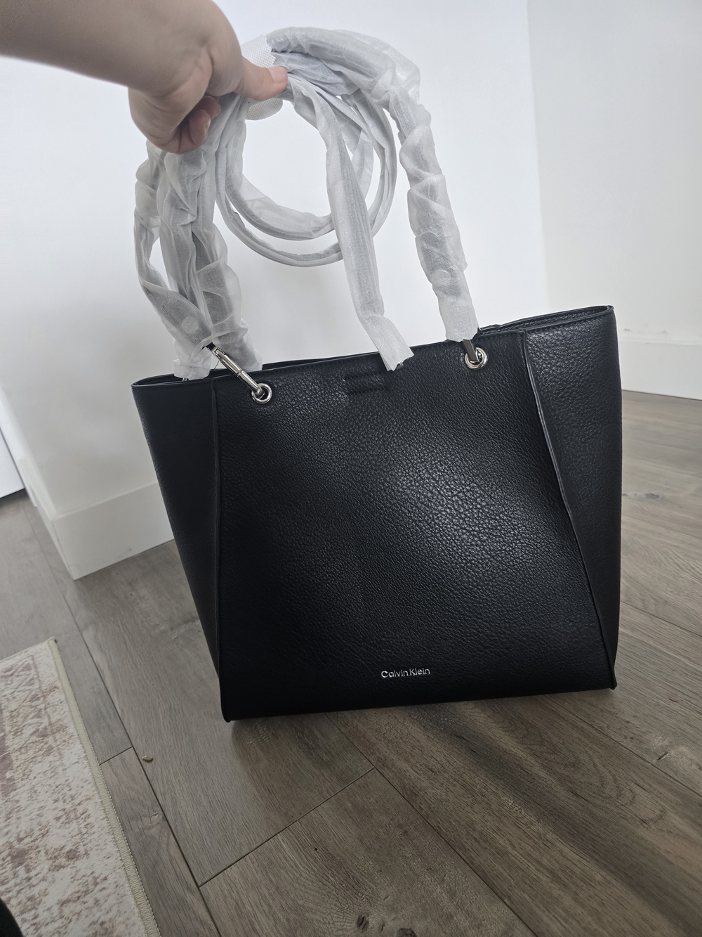 Calvin Klein Black Textured Leather Tote with Silver Hardware